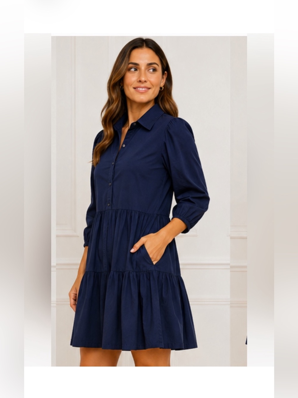 Tuckernuck Pomander Place Mabel Navy Tiered Cotton Shirt Dress